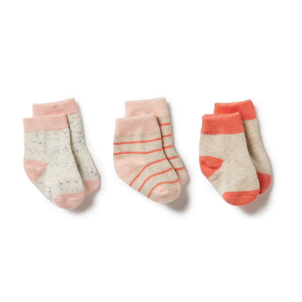 Wilson & Frenchy Organic 3 Pack Baby Socks Silver Peony-Oatmeal-Coral